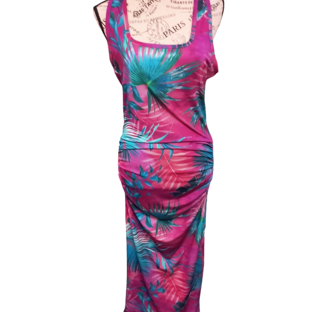VENUS Fuchsia Tropical Print Maxi Dress with Teal Palm Leaves